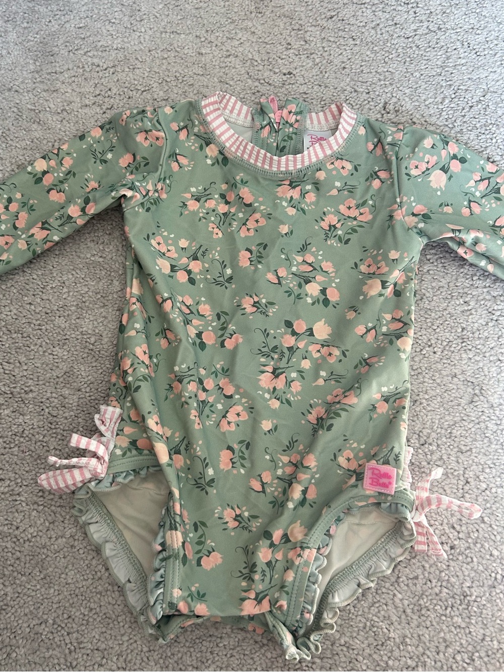 Ruffle Butts Girls' Long-Sleeve Floral One-Piece Swimsuit - Sage Green